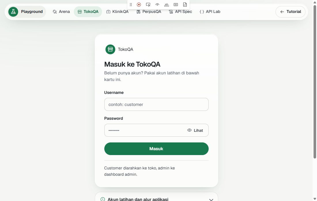 Halaman login TokoQA dengan toolbar perekam codegen di tengah atas