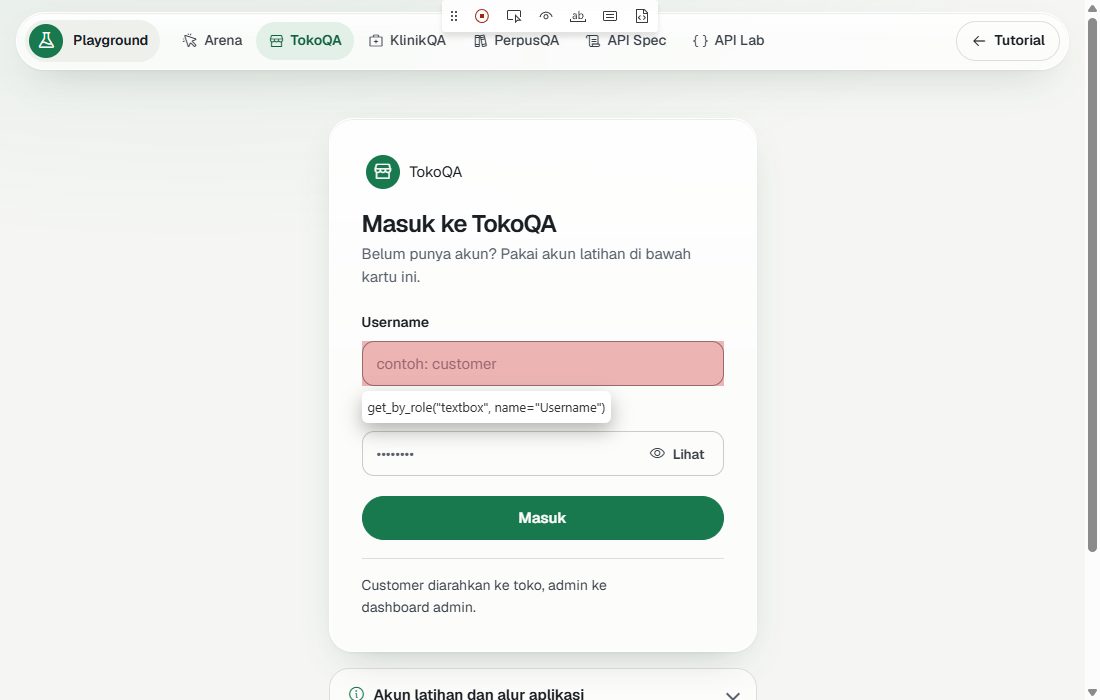 Kolom Username diberi kotak merah dengan tooltip get_by_role textbox name Username