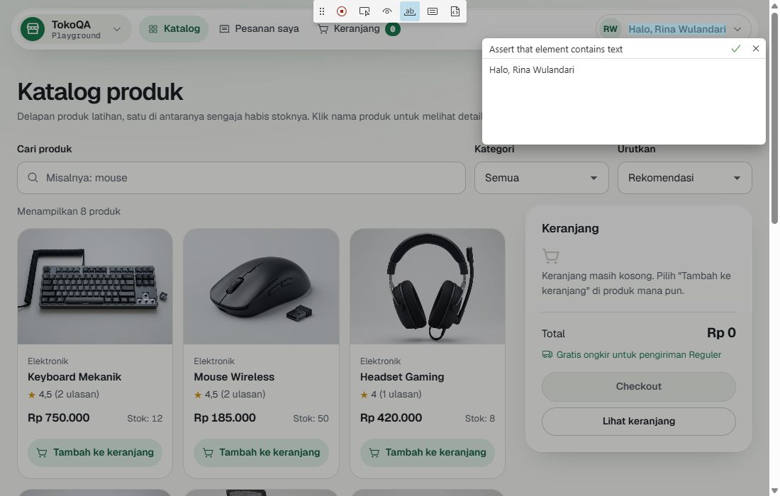 Dialog Assert that element contains text berisi Halo, Rina Wulandari