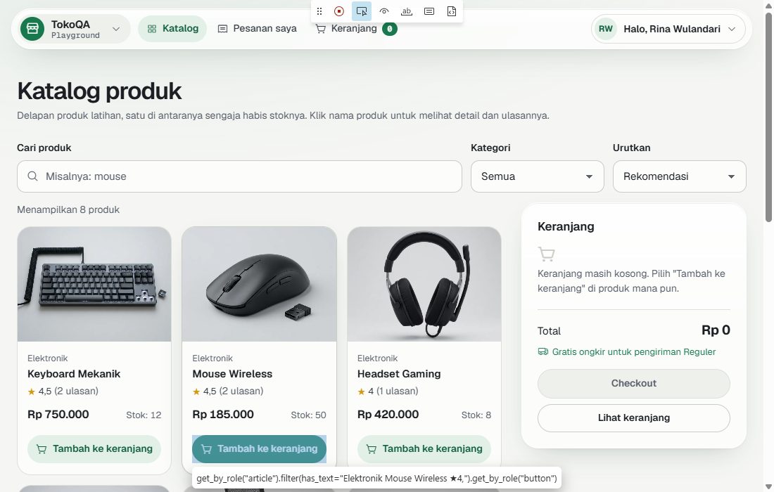 Tombol tambah ke keranjang Mouse Wireless dengan tooltip locator yang memuat teks rating
